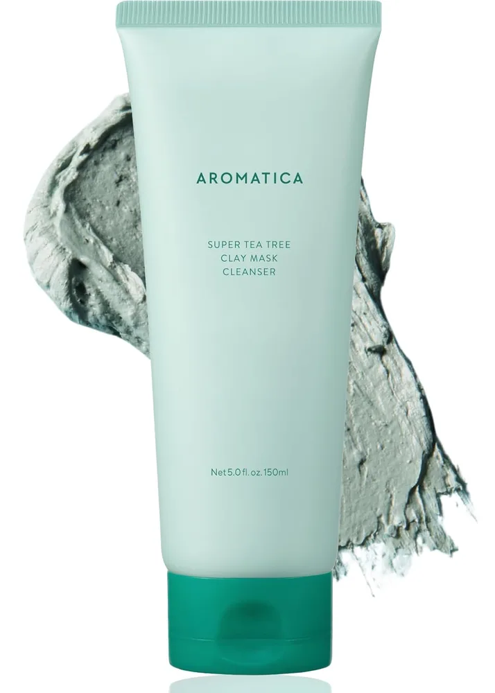 AROMATICA Super Tea Tree Clay Mask Cleanser, Blackhead Remover & Pore Minimizer for Face, Korean Face Wash with Tea Tree